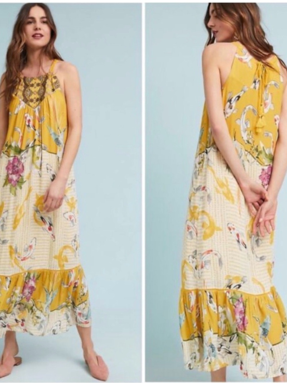 Anthropologie One September Koi Fish Paradiso Gold Maxi Dress S‎